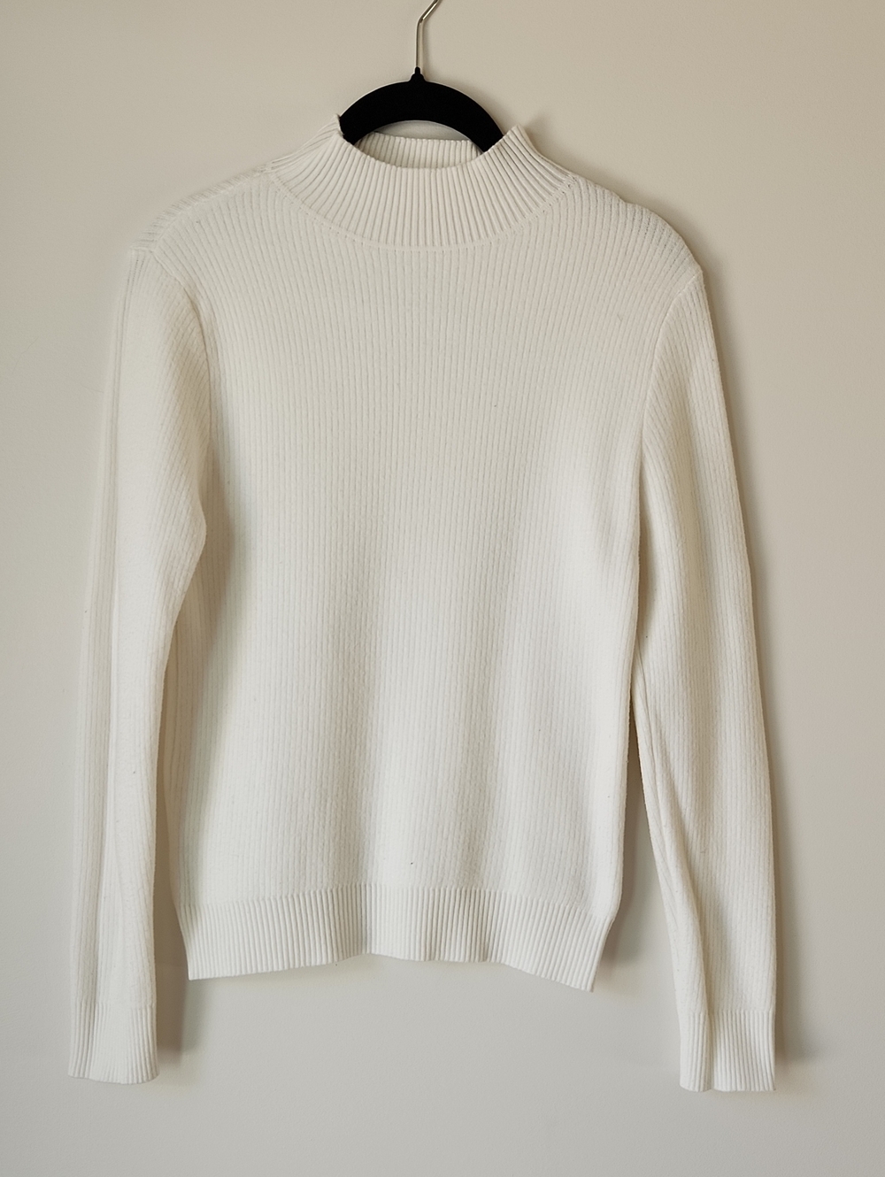 Women's White Ribbed Mock Neck Fleece Lined Sweater - S
